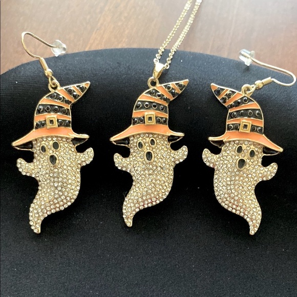 Halloween Ghost Earrings and Necklace Set - Orange and Gold - Picture 1 of 14